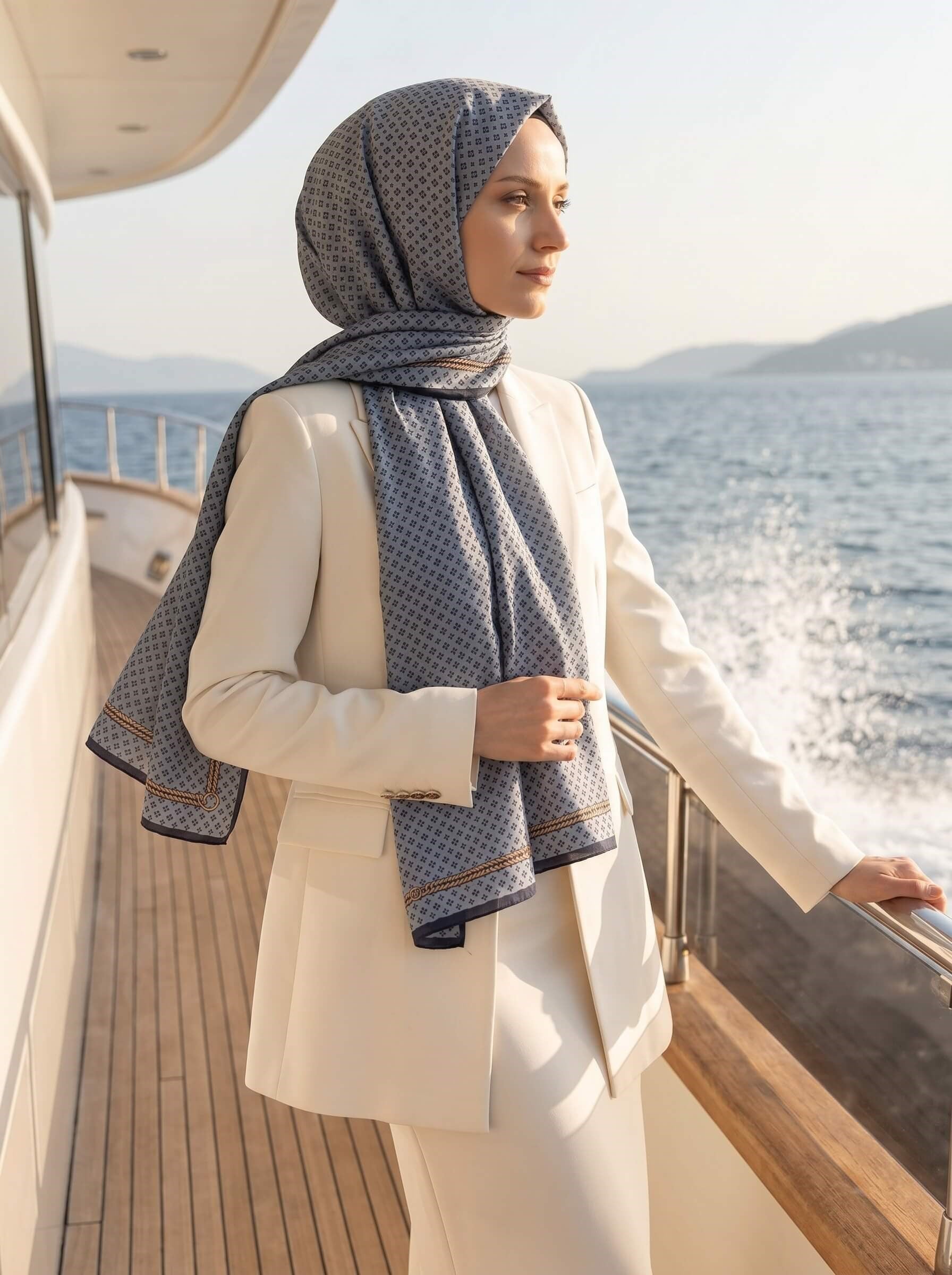 %100 Saf İpek Şal İnce Saten Vual Dokuma Zincir Desenli İndigo - Lacivert Renkli 90x210 Şal