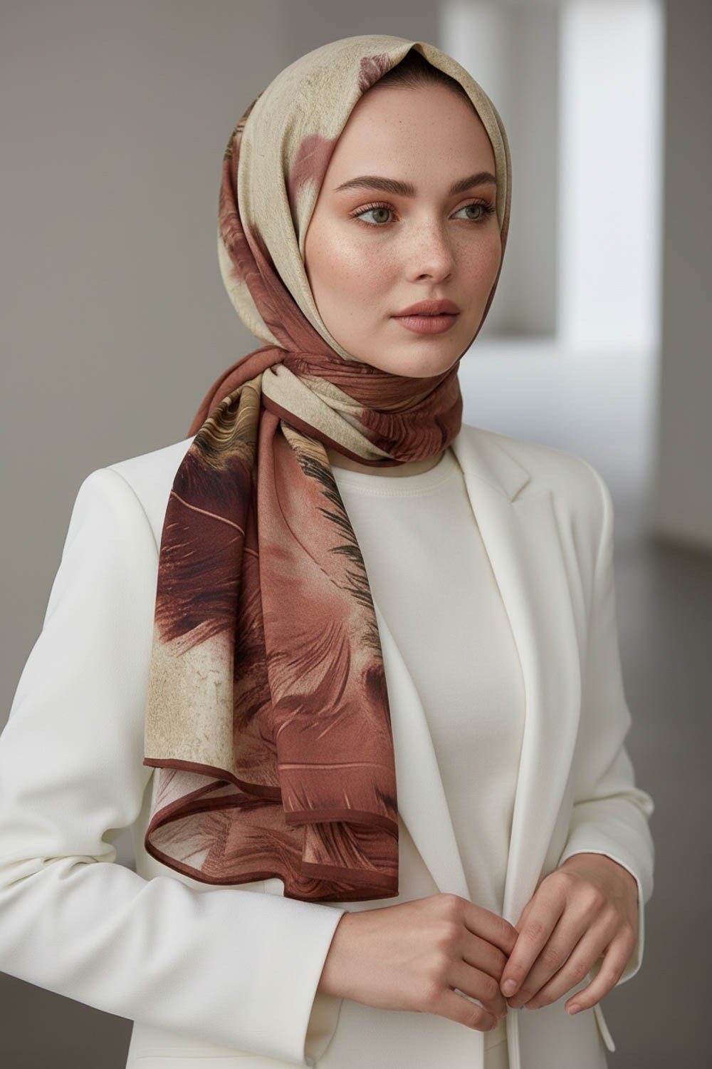KREP YAPRAK DESENLİ PUDRA RENKLİ 75X195 KIRIŞMAZ ŞAL