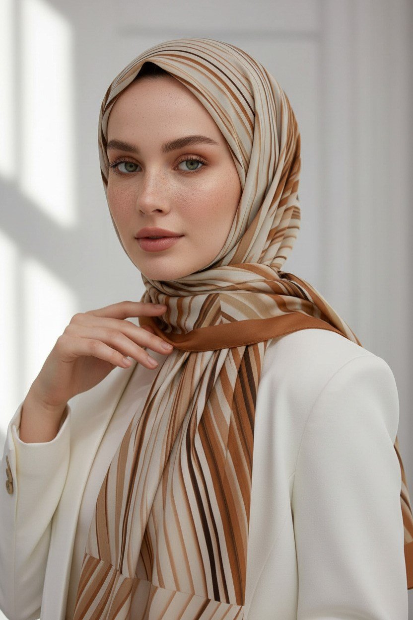 KREP ÇİZGİLİ DESENLİ SOMON RENKLİ 75X195 KIRIŞMAZ ŞAL