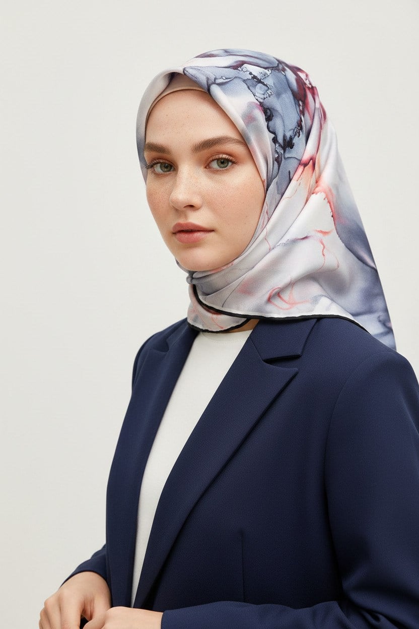 % 57 İPEK % 43 VİSKON Twill İpek Batik Çiçek Desenli İndigo - Bakır Renkli 90x90 Eşarp Kenar Dikiş Şekli El Dikişli