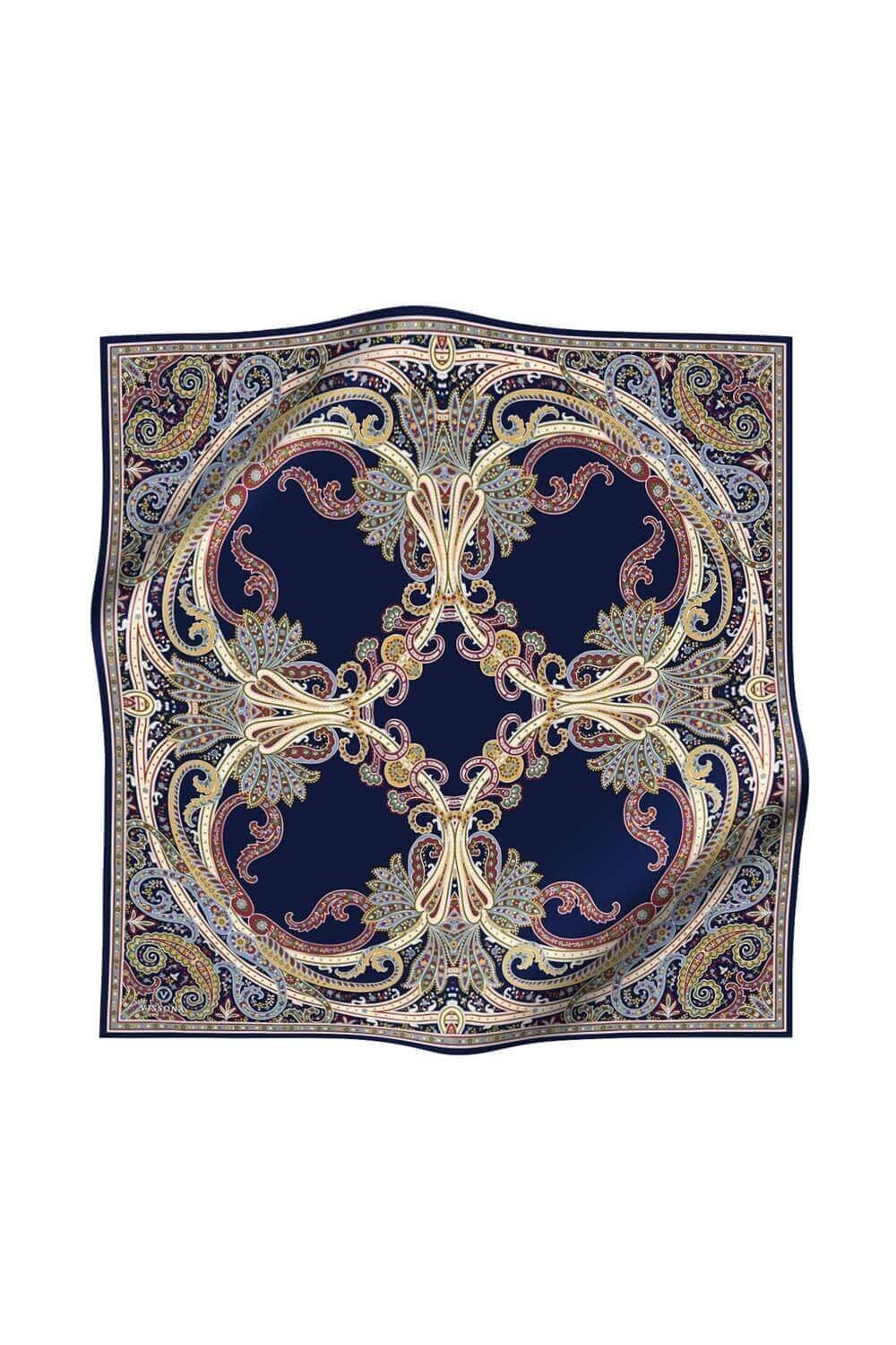 %100 Twill İpek Şal Desenli Lacivert Renkli 90x90 Eşarp Dikim Şekli : El Dikişi