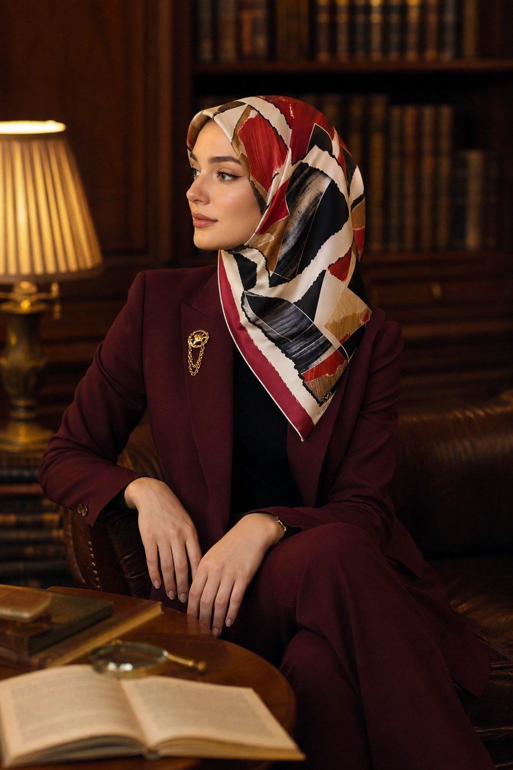 %100 Twill İpek Geometrik Desenli Bordo - Bej Renkli 90x90 Eşarp Dikim Şekli : El Dikişi