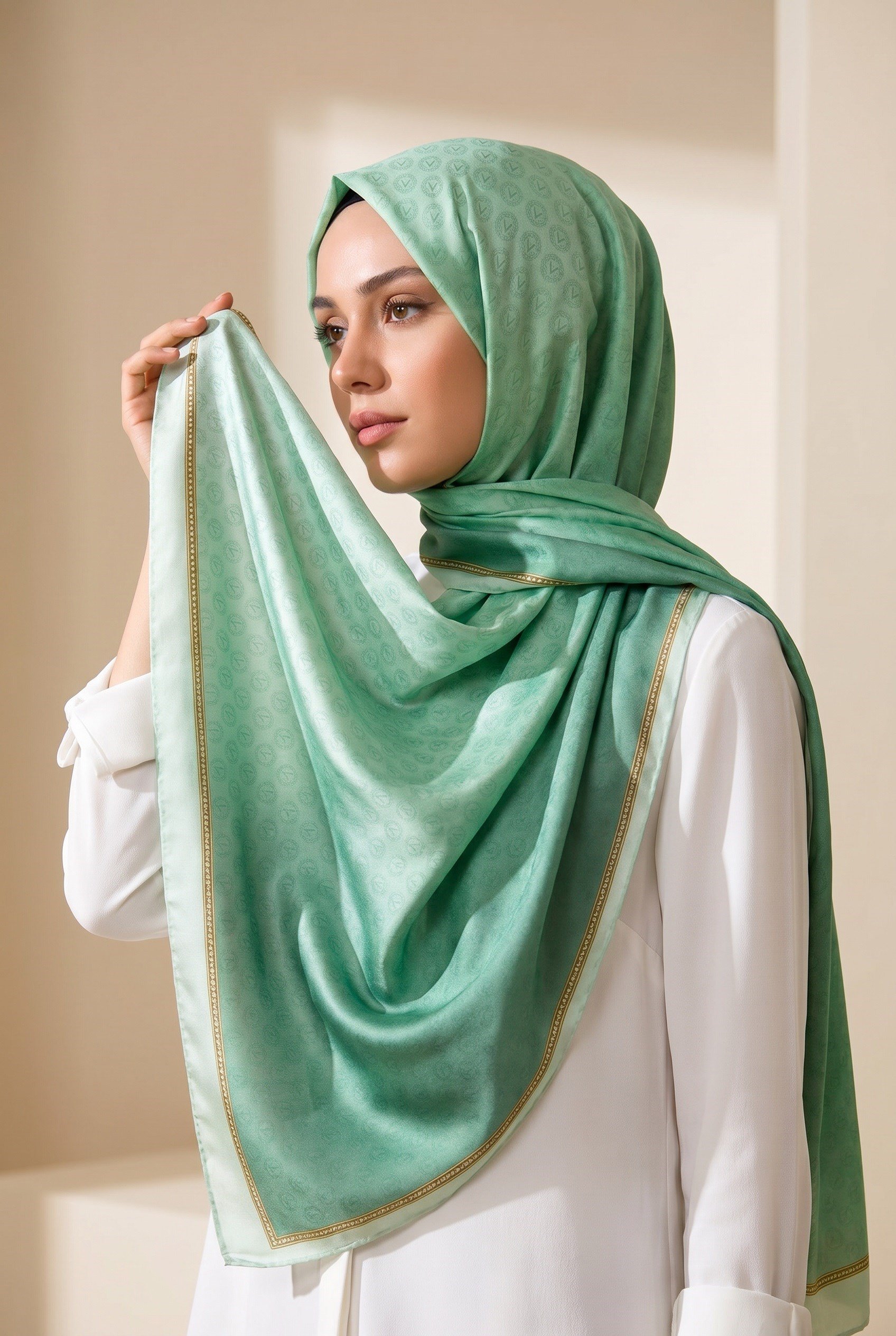 %100 Saf İpek Şal İnce Saten Vual Dokuma Degradeli Ve Monogram Desenli Mint Yeşili - Gold Renkli 90x210 Şal