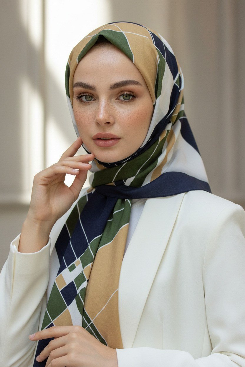 KREP GEOMETRİK DESENLİ HAKİ RENKLİ 75X195 KIRIŞMAZ ŞAL