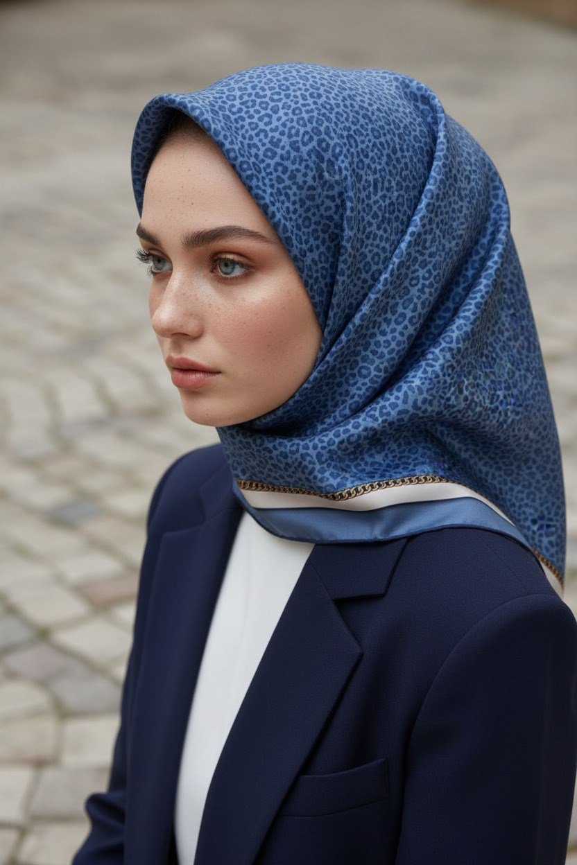 % 57 İPEK % 43 VİSKON Twill İpek Leopar Desenli İndigo - Krem Renkli 90x90 Eşarp Dikim Şekli : El Dikişi