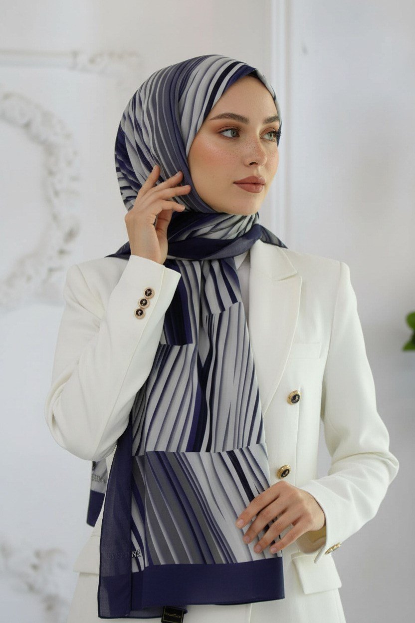 KREP ÇİZGİLİ DESENLİ İNDİGO RENKLİ 75X195 KIRIŞMAZ ŞAL