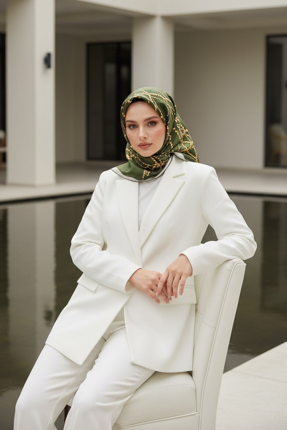 %100 Twill İpek İnci Desenli Haki Renkli 90x90 Eşarp Kenar Dikiş Şekli : El Dikişli