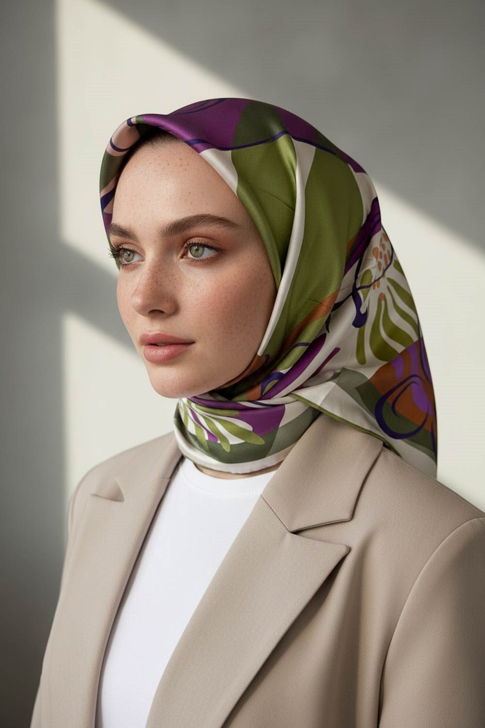 %100 Twill İpek Çiçek Desenli Haki - Mürdüm Renkli 90x90 Eşarp Dikim Şekli : El Dikişi