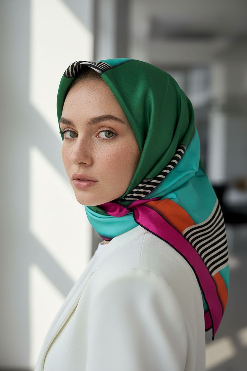 %100 Twill İpek Çizgili ve Geometrik Desenli Zümrüt Yeşili - Fuşya Renkli 90x90 Eşarp Dikim Şekli : El Dikişi