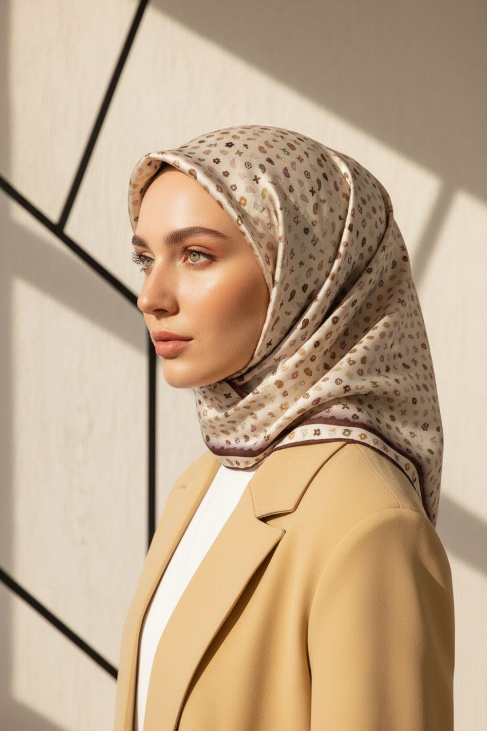 %100 Twill İpek Çıtır Desenli Krem - Kahverengi Renkli 90x90 Eşarp Dikim Şekli : El Dikişi