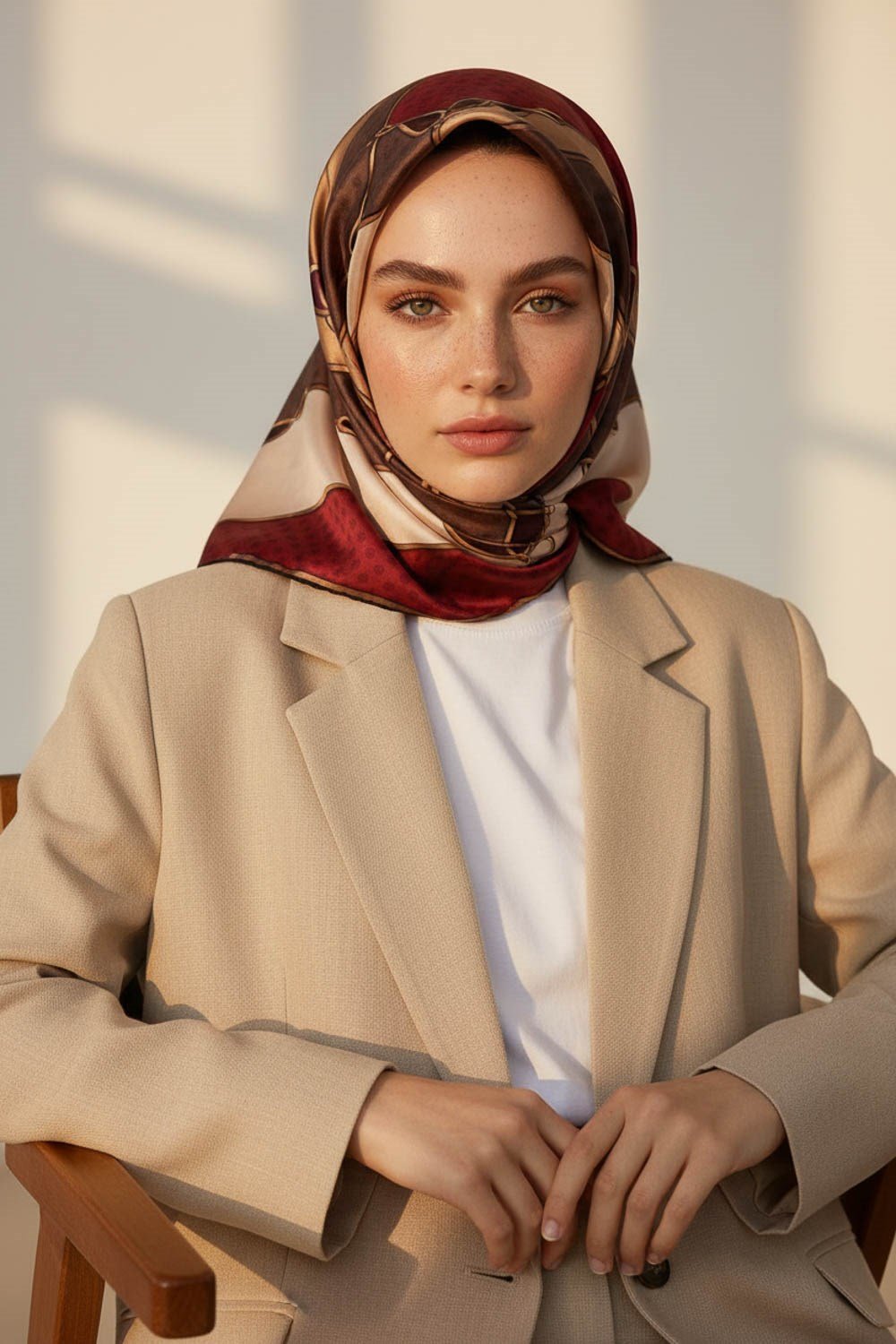 %100 Twill İpek Puantiyeli ve Geometrik Desenli Bordo - Vizon Renkli 90x90 Eşarp Dikim Şekli : El Dikişi