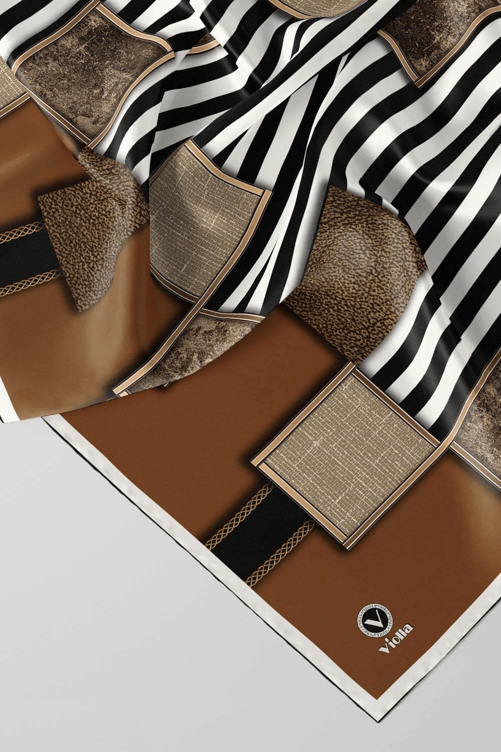 Twill Geometrik Ve Çizgili Desenli Taba Renkli 90x90 Eşarp (İpek İçermez) Dikim Şekli : El Dikişi