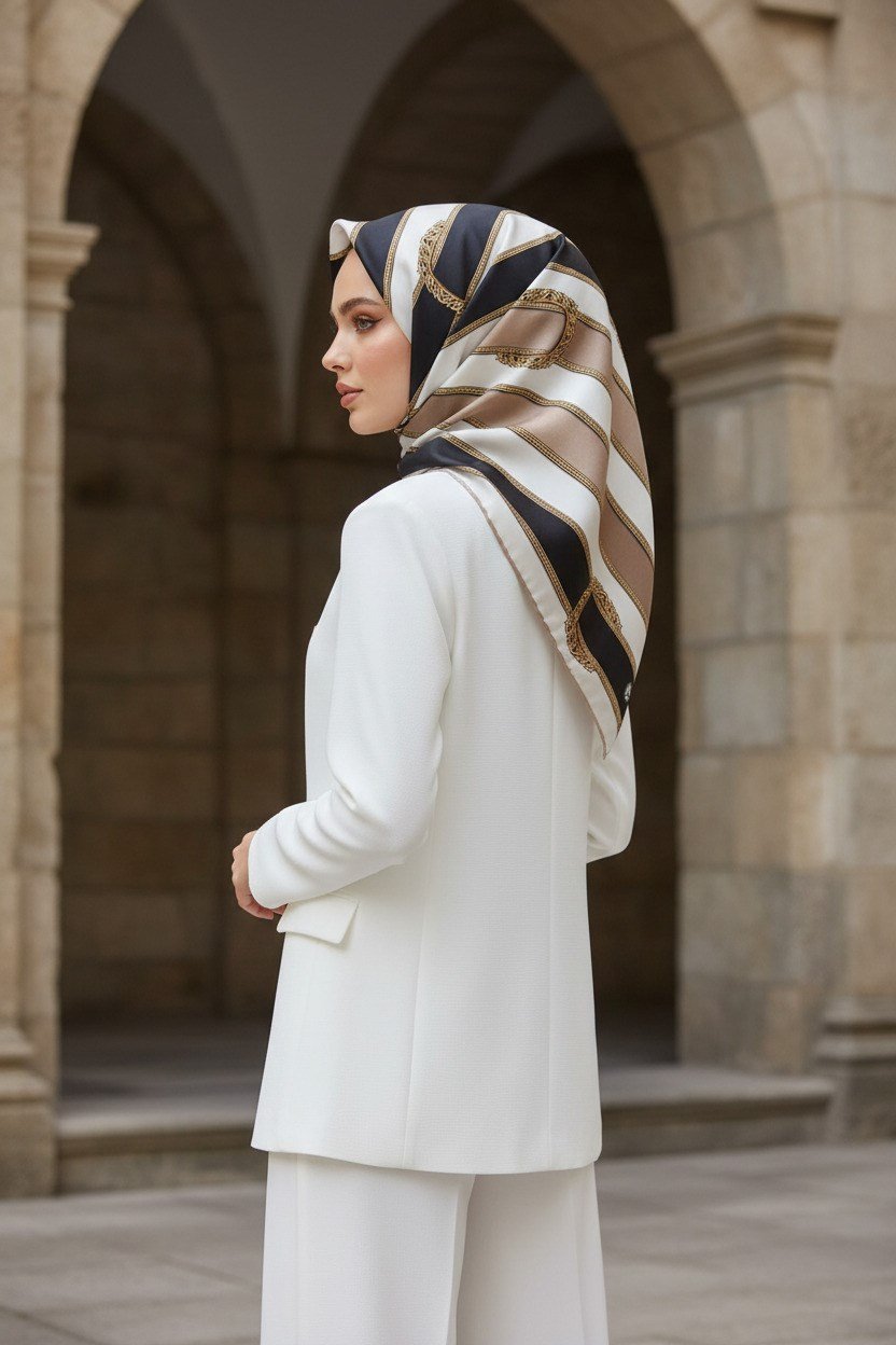 %100 Twill İpek Kemer Desenli Siyah - Vizon Renkli 90x90 Eşarp Dikim Şekli : El Dikişi