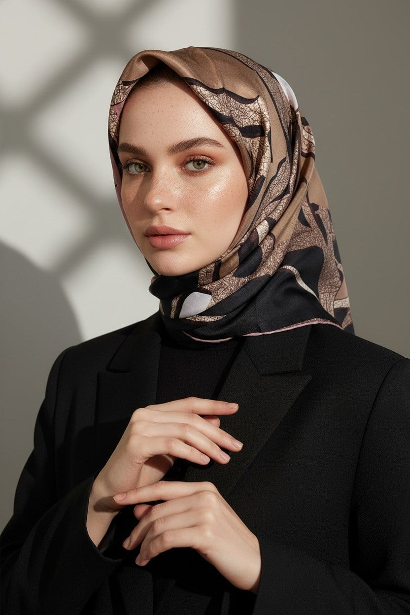 % 57 İPEK % 43 VİSKON Twill İpek Gold Efektli Geometrik Desenli Pudra - Gri Renkli 90x90 Eşarp Dikim Şekli : El Dikişi