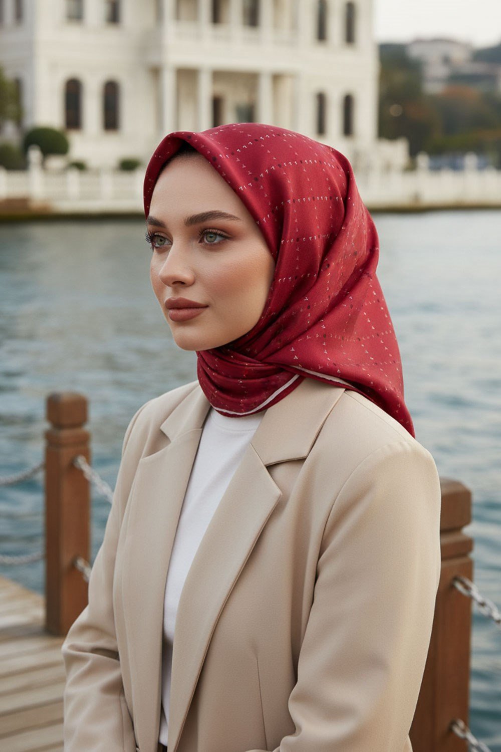 %100 Twill İpek Minik V Desenli Bordo Renkli 90x90 Eşarp Dikim Şekli : El Dikişi