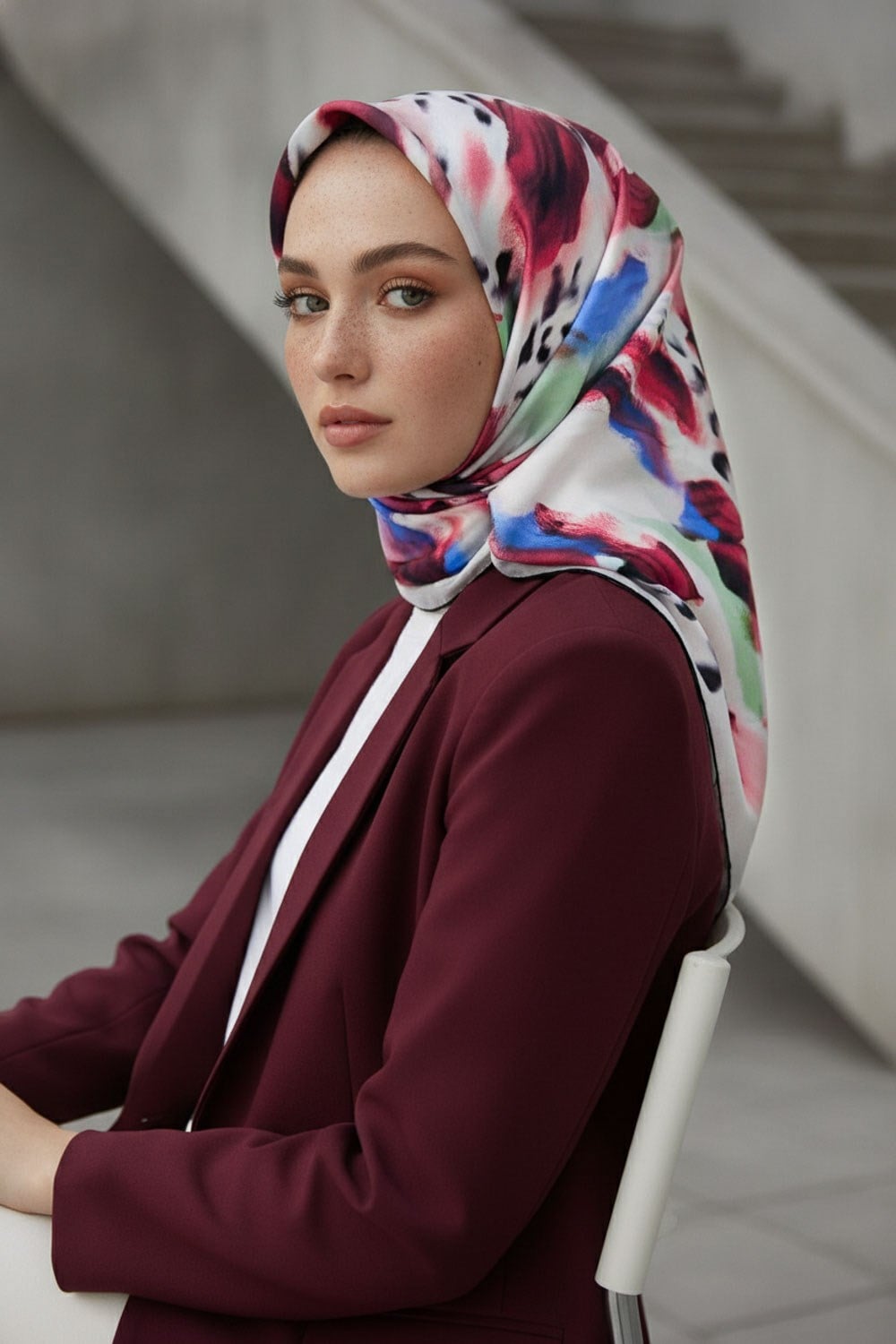%100 Twill İpek Batik Desenli Bordo - Saks Renkli 90x90 Eşarp Dikim Şekli : El Dikişi