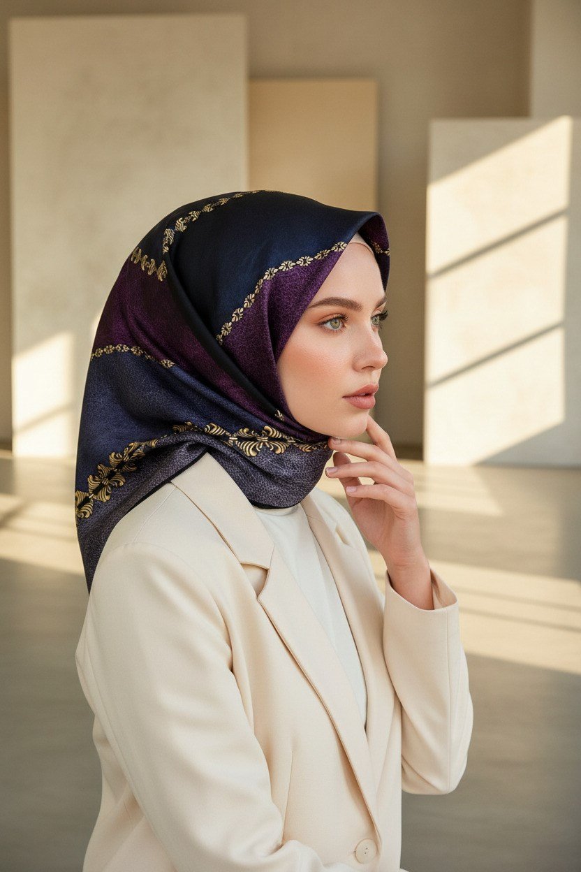 %100 Twill İpek Geometrik Desenli İndigo - Mürdüm Renkli 90x90 Eşarp Dikim Şekli : El Dikişi
