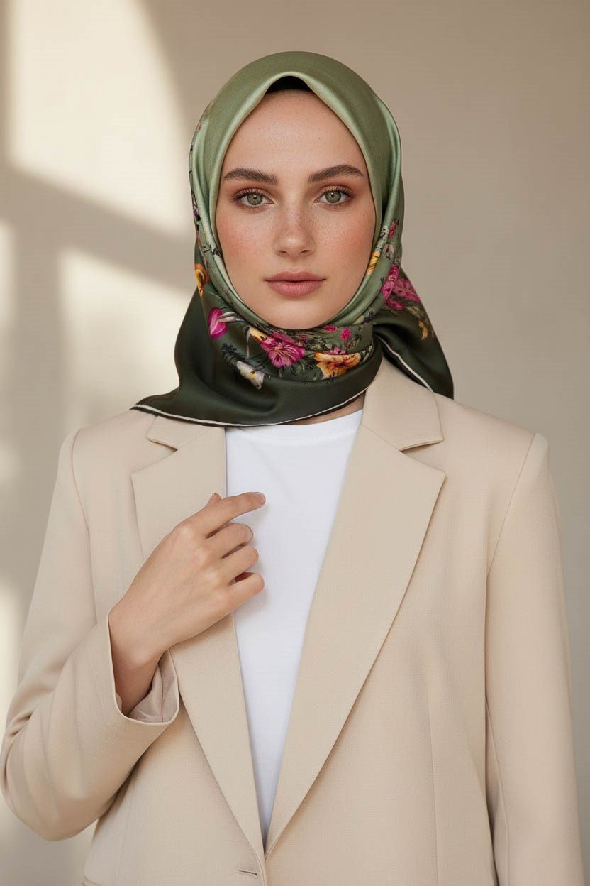 %100 Twill İpek Sonsuz Çiçek Desenli Haki Renkli 90x90 Eşarp Dikim Şekli : El Dikişi