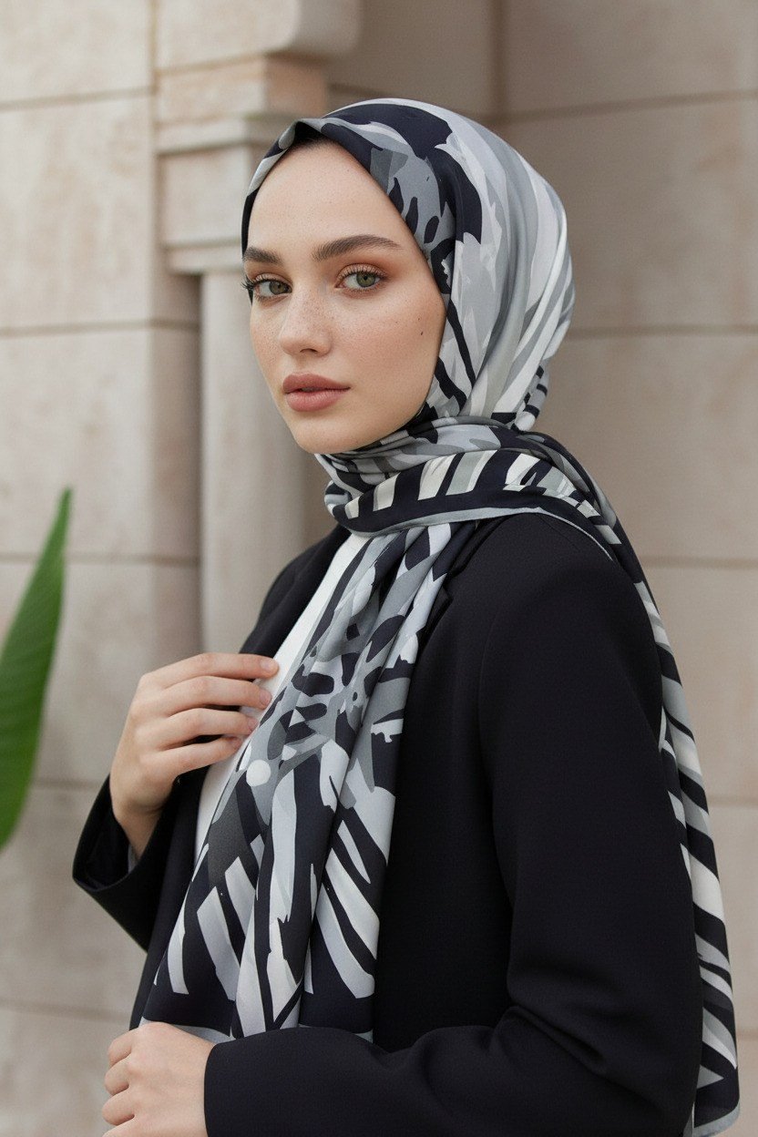 KREP ZEBRA VE ÇİÇEK DESENLİ GÜMÜŞ RENKLİ 75X195 KIRIŞMAZ ŞAL