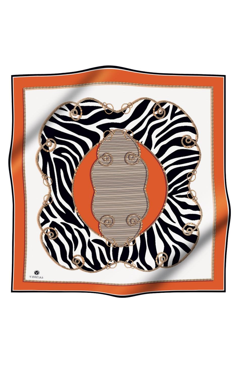 %100 Twill İpek Zincirli Ve Zebra Desenli Taba - Siyah Renkli 90x90 Eşarp Dikim Şekli : El Dikişi
