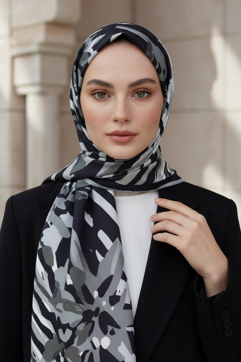 KREP ZEBRA VE ÇİÇEK DESENLİ GÜMÜŞ RENKLİ 75X195 KIRIŞMAZ ŞAL