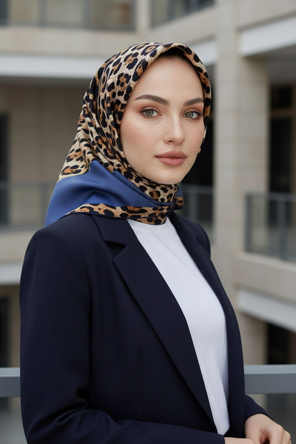 %100 Twill İpek Leopar Desenli İndigo Renkli 90x90 Eşarp Dikim Şekli : El Dikişi