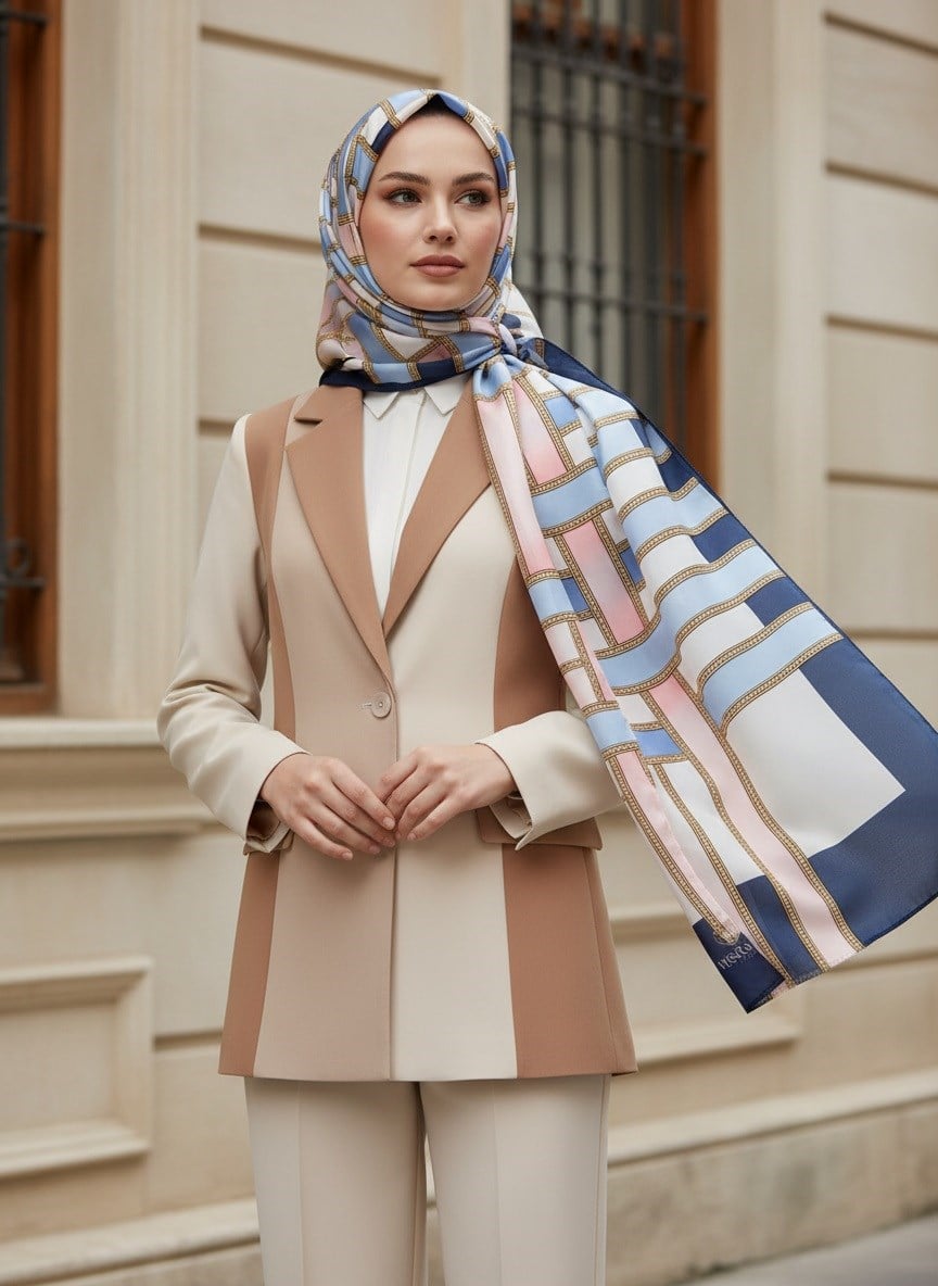 %100 Saf İpek Şal İnce Saten Vual Dokuma Kemer Desenli Bebe Mavisi - Pudra Renkli 90x210 Şal