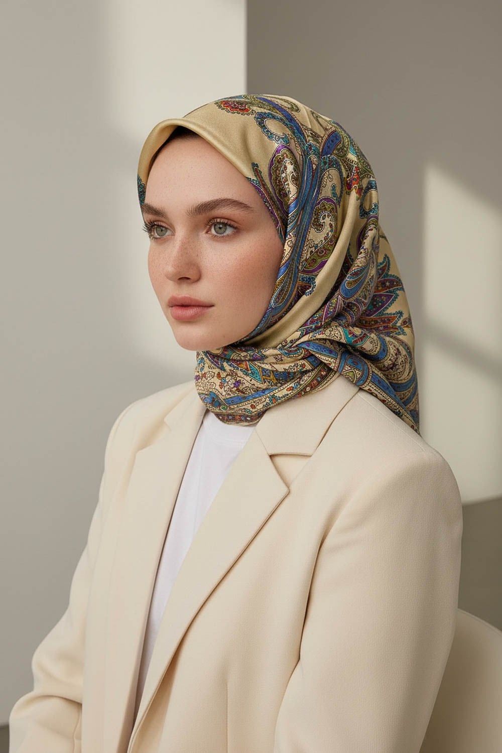 %100 Twill İpek Şal Desenli Bej - Mürdüm Renkli 90x90 Eşarp Dikim Şekli : El Dikişi