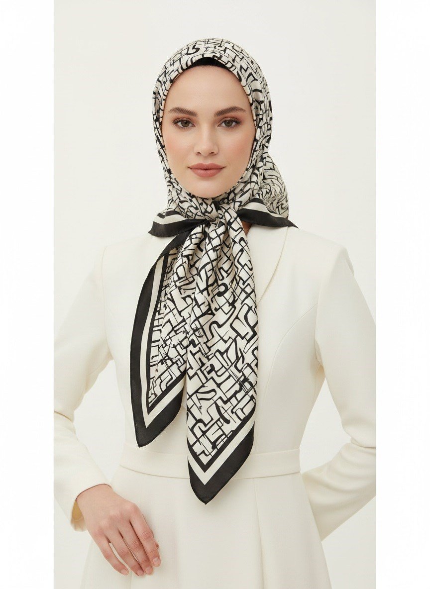 %100 Twill İpek Soyut Geometrik Desenli Krem - Siyah Renkli 90x90 Eşarp Dikim Şekli : El Dikişi