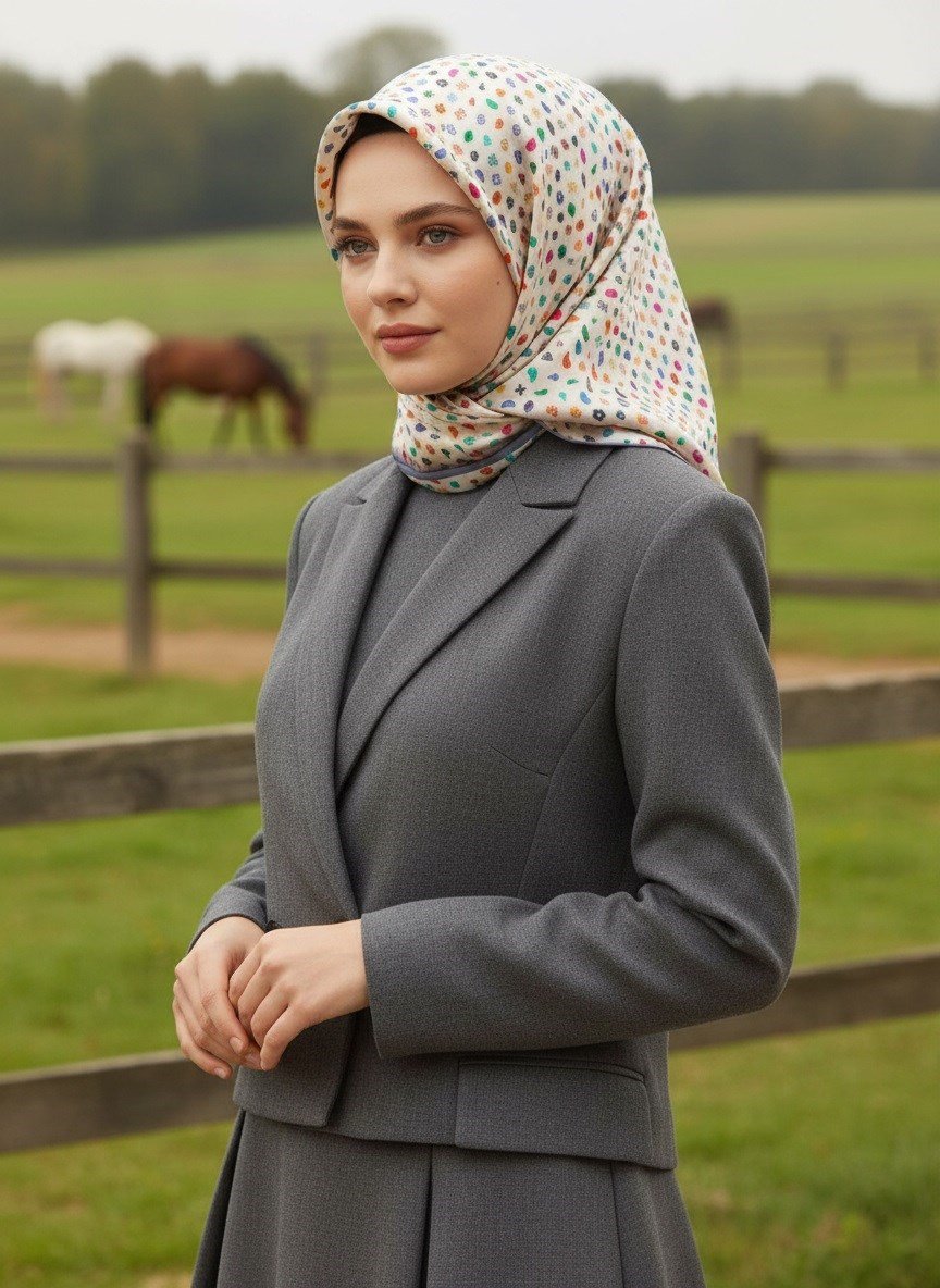 %100 Twill İpek Çıtır Desenli Krem - İndigo Renkli 90x90 Eşarp Dikim Şekli : El Dikişi
