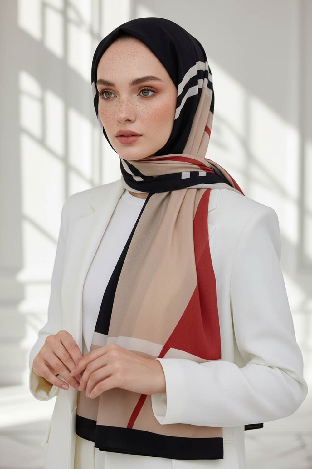KREP GEOMETRIK DESENLİ SİYAH - BORDO RENKLİ 75X195 KIRIŞMAZ ŞAL