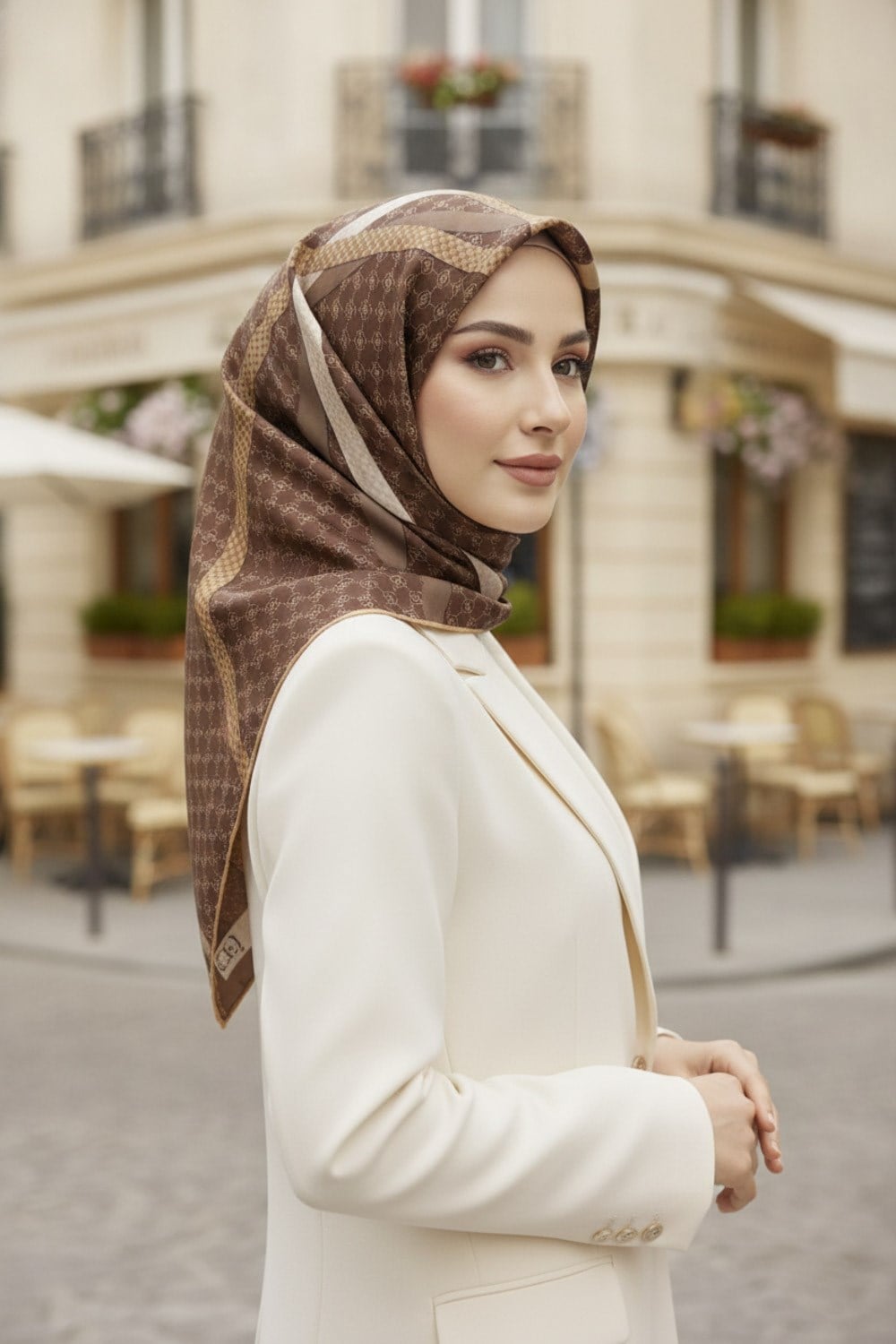 %100 Twill İpek Monogram Ve Şerit Desenli Sütlü Kahve - Bej Renkli 90x90 Eşarp Dikim Şekli : El Dikişi