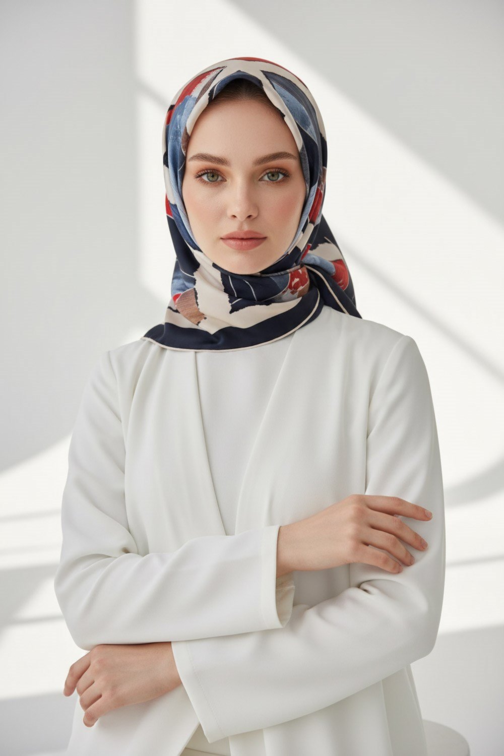 %100 Twill İpek Geometrik Desenli Lacivert - Kırmızı Renkli 90x90 Eşarp Dikim Şekli : El Dikişi