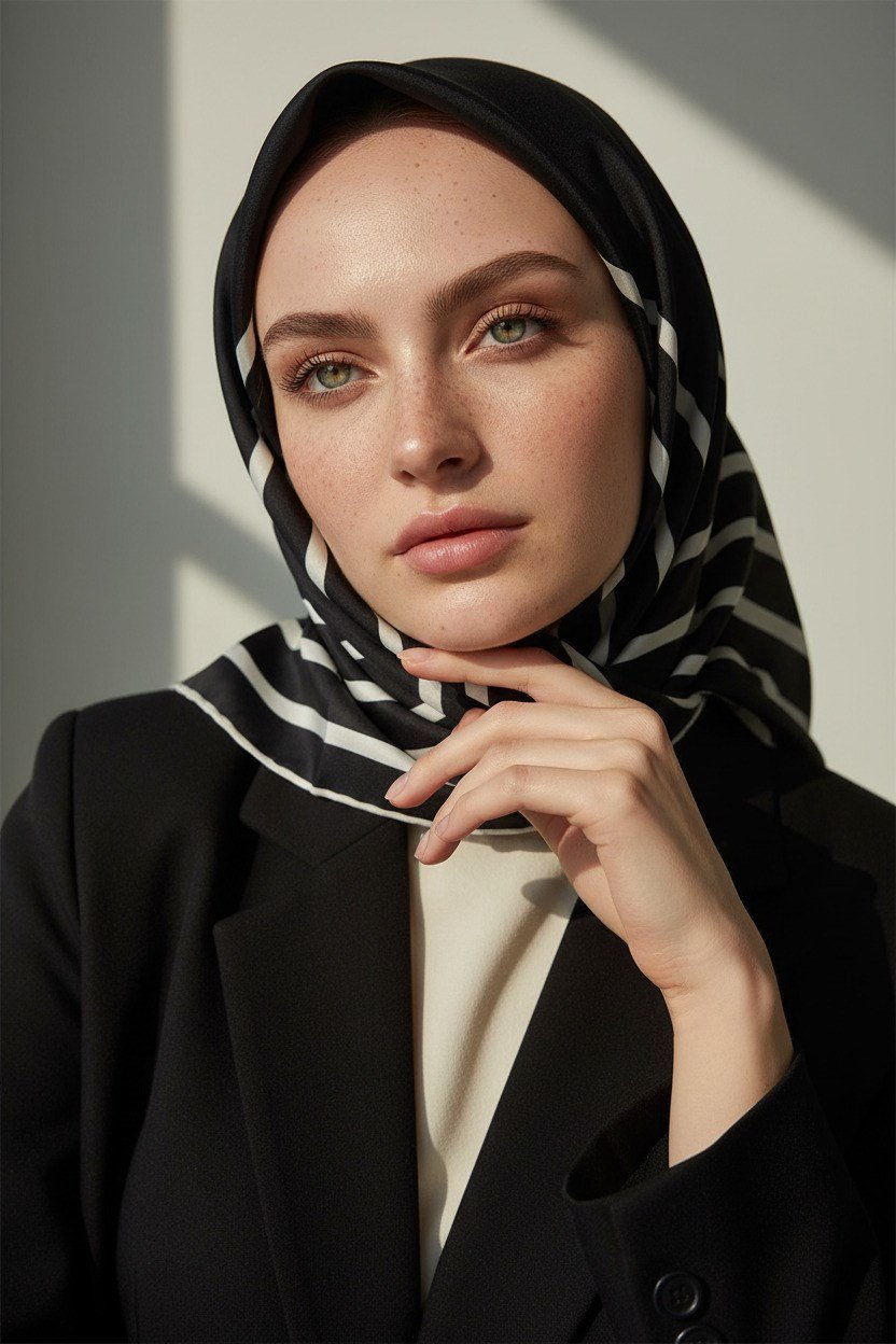 %100 Twill İpek Çizgili Desenli Siyah - Krem Renkli 90x90 Eşarp Dikim Şekli : El Dikişi