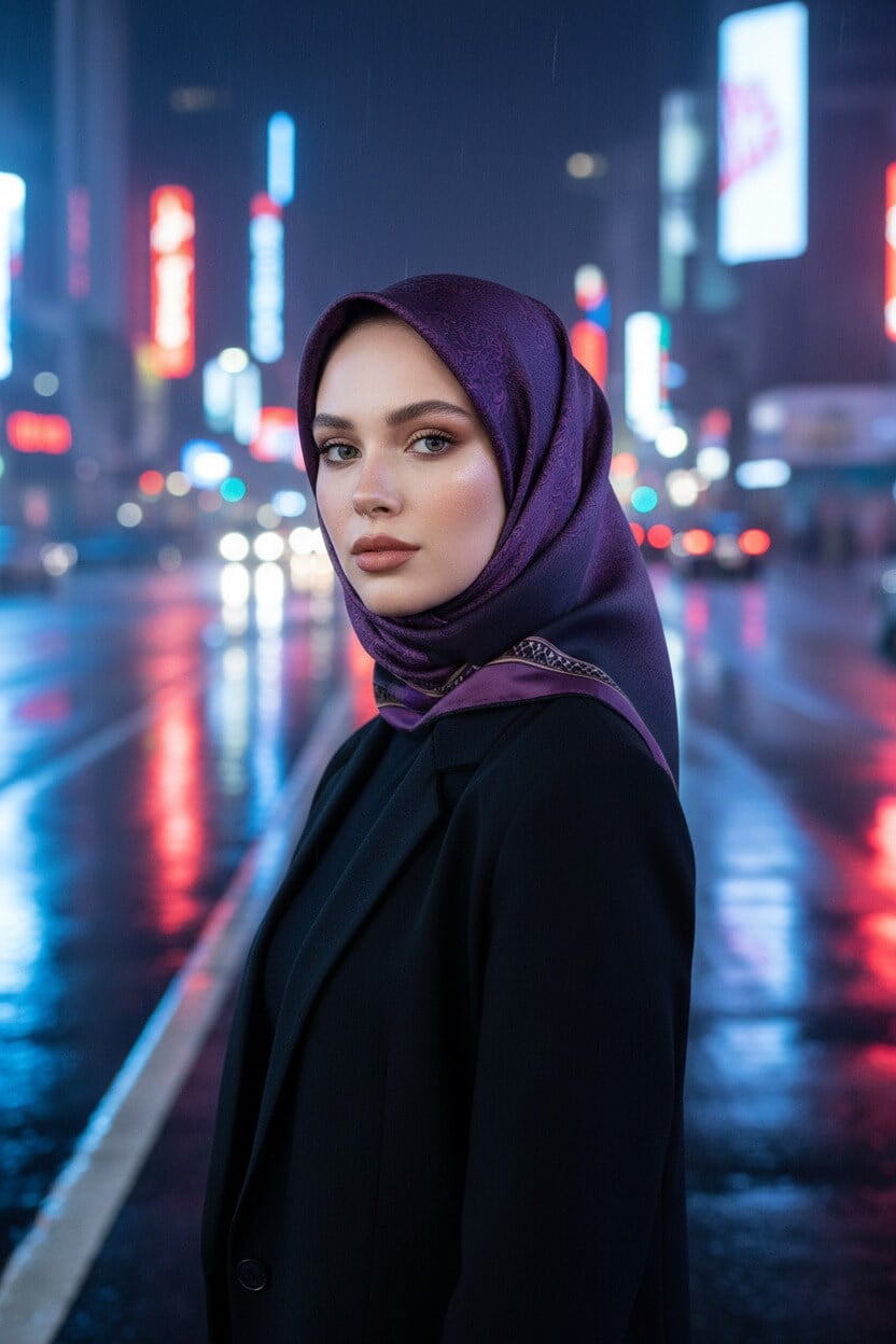 % 57 İPEK % 43 VİSKON Twill Barok Desenli Mürdüm Renkli 90x90 Eşarp Dikim Şekli: El Dikişi