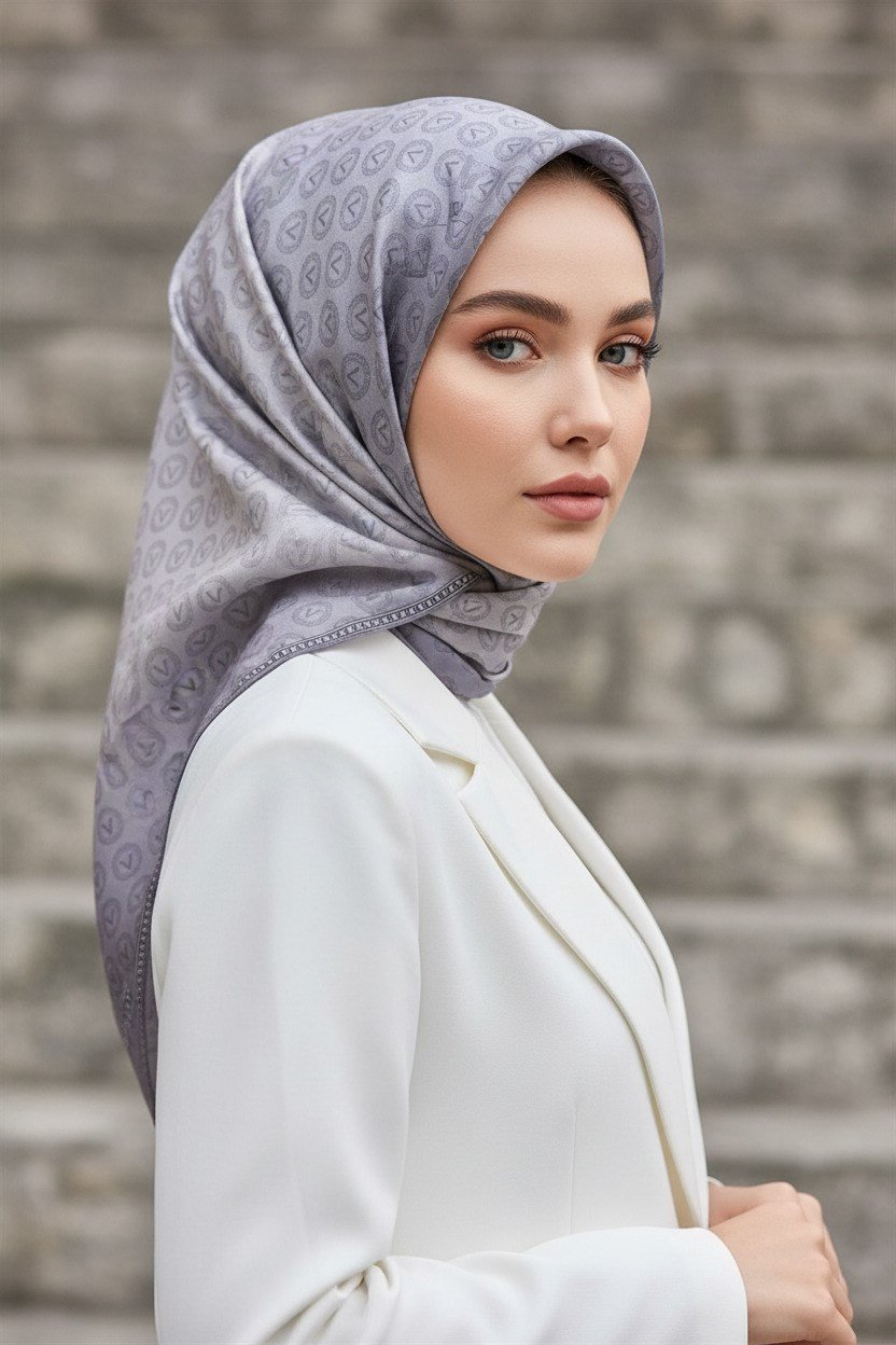 % 57 İPEK % 43 VİSKON Twill İpek Monogram Desenli Gümüş Renkli 90x90 Eşarp Dikim Şekli : El Dikişi