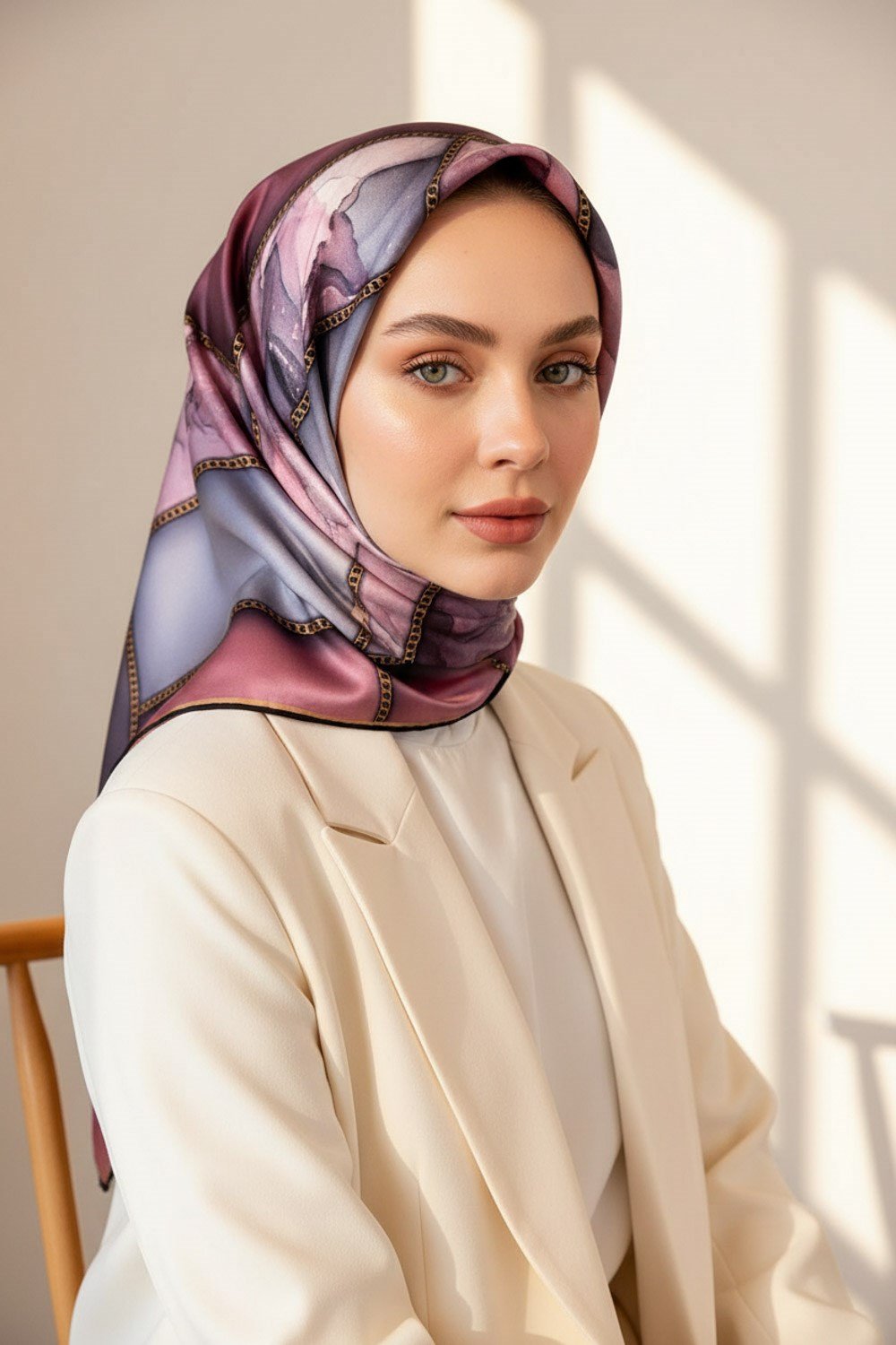 % 57 İPEK % 43 VİSKON Twill İpek Efektli Bant Desenli Lila - Gri Renkli 90x90 Eşarp Dikim Şekli : El Dikişi