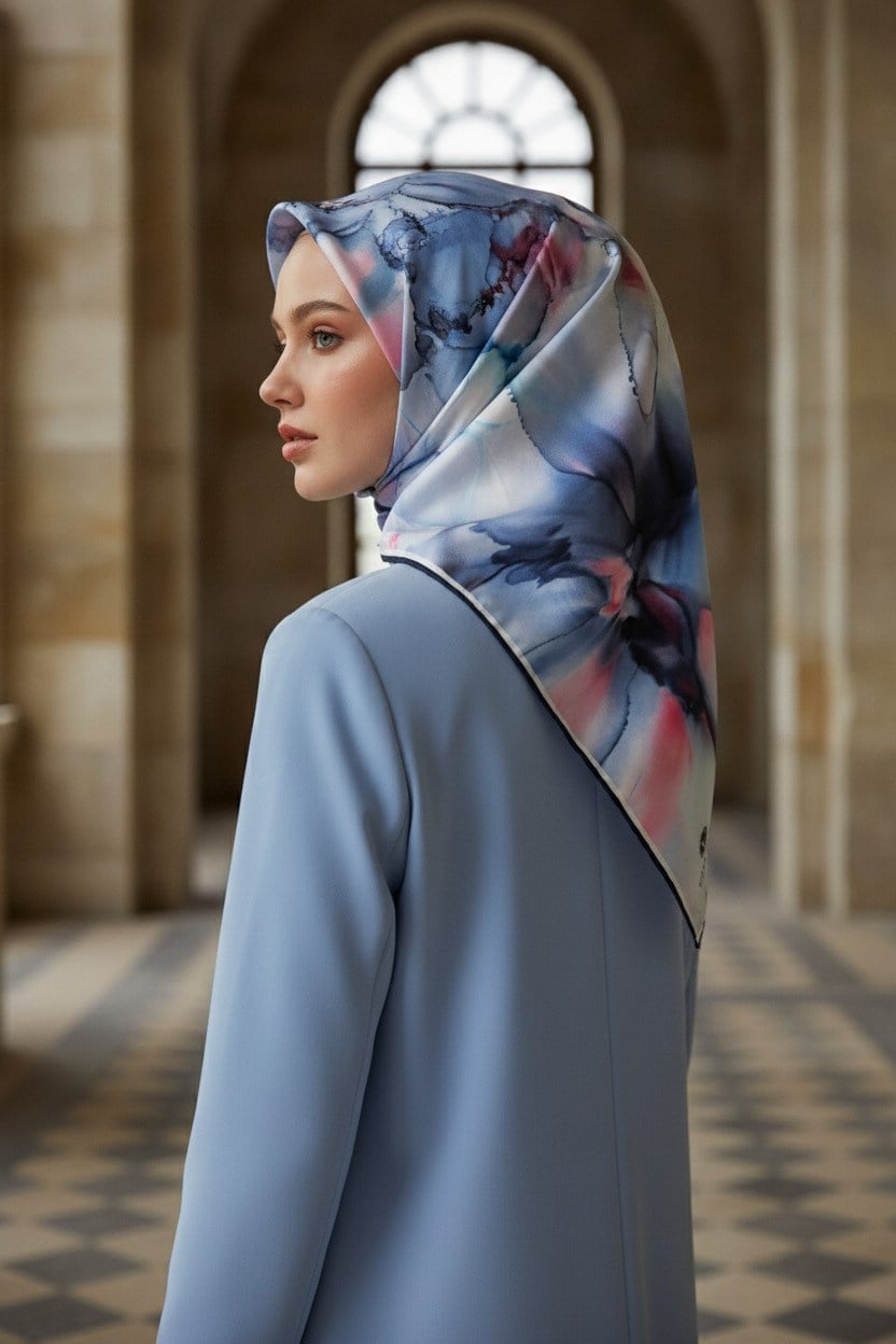 % 57 İPEK % 43 VİSKON Twill İpek Batik Çiçek Desenli Bebe Mavisi - Pudra Renkli 90x90 Eşarp Kenar Dikiş Şekli El Dikişli