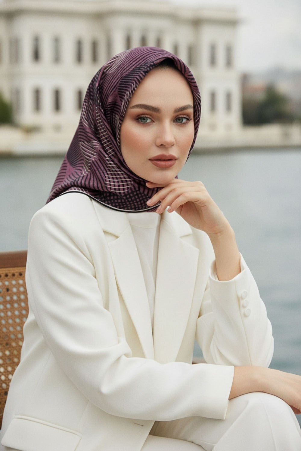 %100 Twill İpek Çizgili Çiçek Desenli Siyah - Gül Kurusu Renkli 90x90 Eşarp Dikim Şekli : El Dikişi