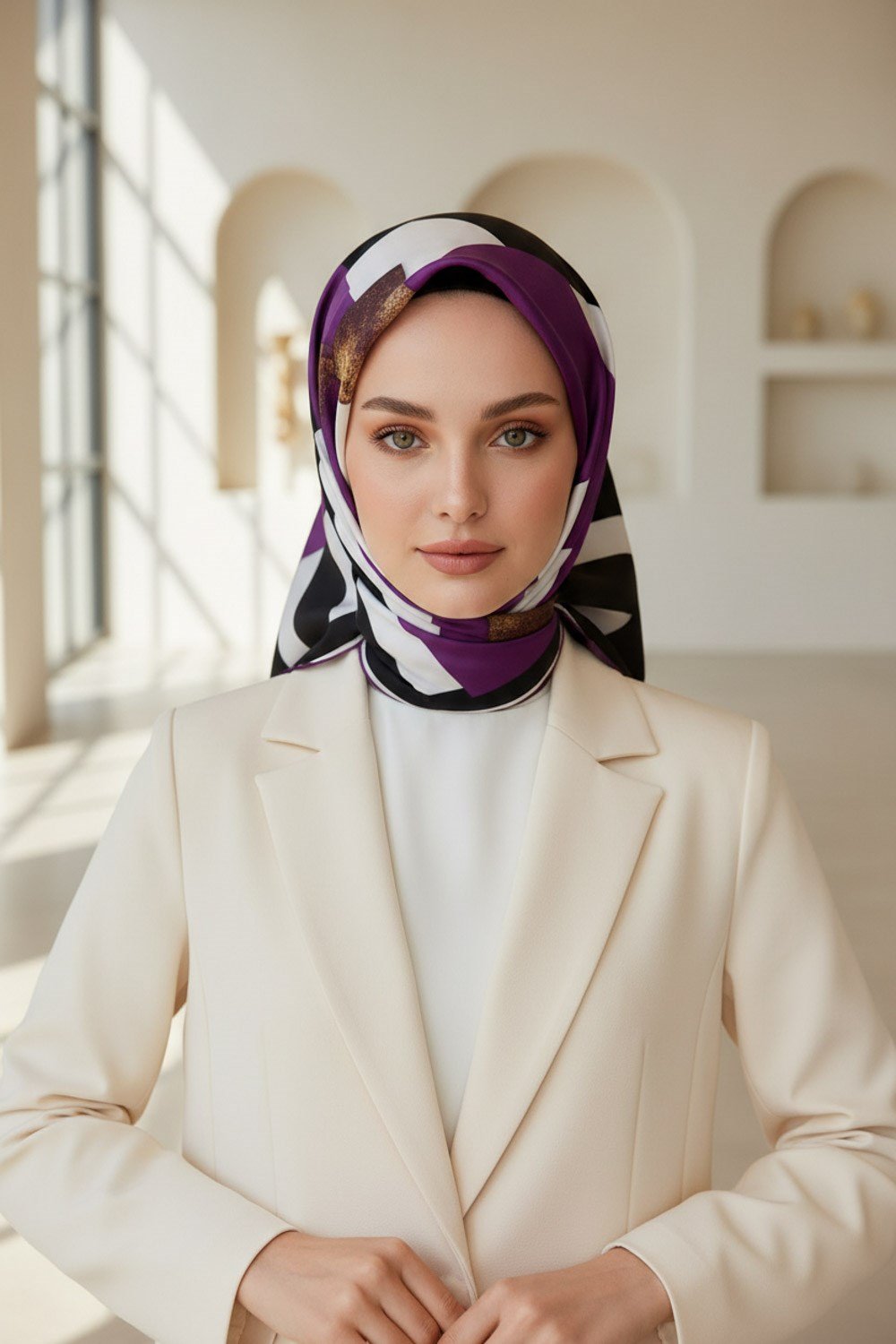 %100 Twill İpek Karo Desenli Mürdüm - Siyah Renkli 90x90 Eşarp Dikim Şekli : El Dikişi