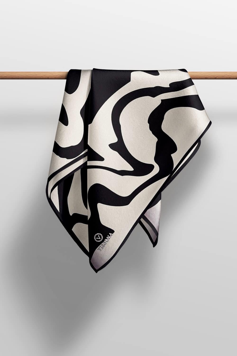 100% Twill İpek Dalga Desenli Siyah - Krem Renkli 90x90 Dikim Şekli : El Dikişi Eşarp