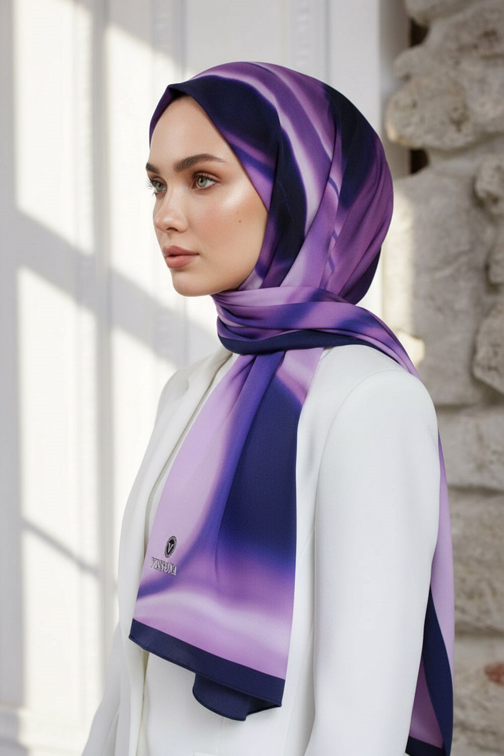 KREP DALGA DESENLİ LİLA - LACİVERT RENKLİ 75X195 KIRIŞMAZ EŞARP