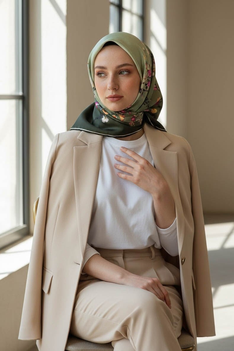 %100 Twill İpek Sonsuz Çiçek Desenli Haki Renkli 90x90 Eşarp Dikim Şekli : El Dikişi