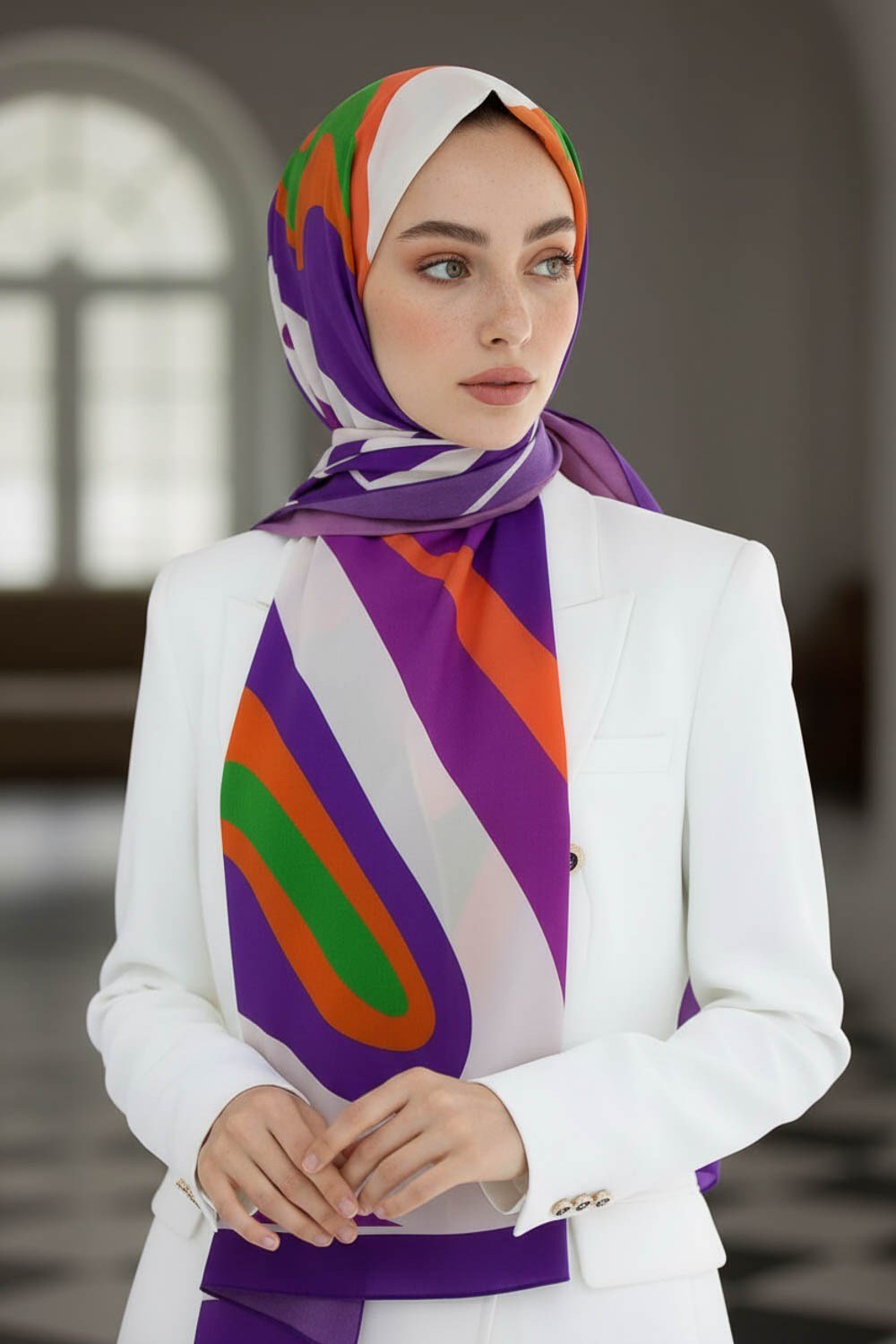 KREP GEOMETRİK DESENLİ SOMON RENKLİ 75X195 KIRIŞMAZ ŞAL