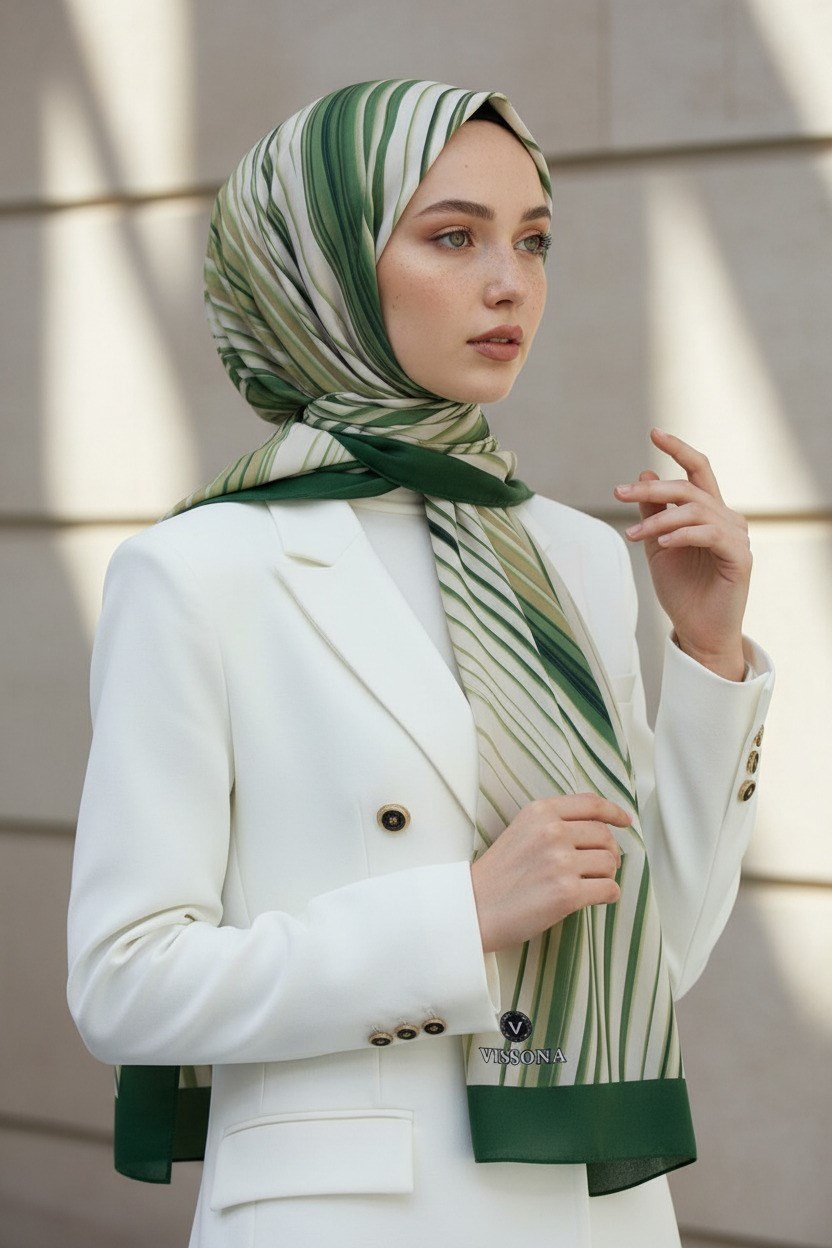 KREP ÇİZGİLİ DESENLİ ZÜMRÜT YEŞİLİ RENKLİ 75X195 KIRIŞMAZ ŞAL