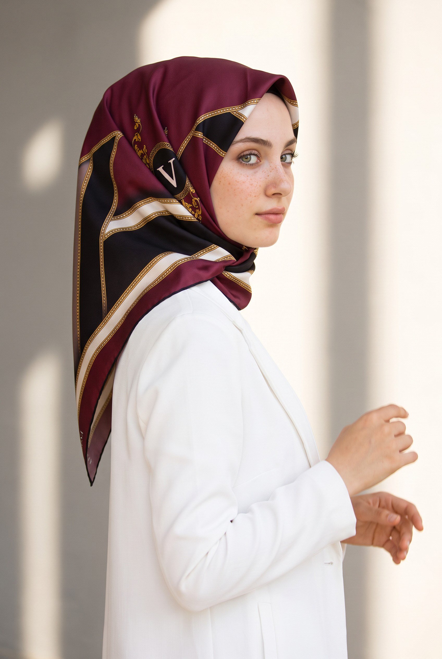 %100 Twill İpek Baroklu Ve Geometrik Desenli Bordo - Siyah Renkli 90x90 Eşarp Dikim Şekli : El Dikişi