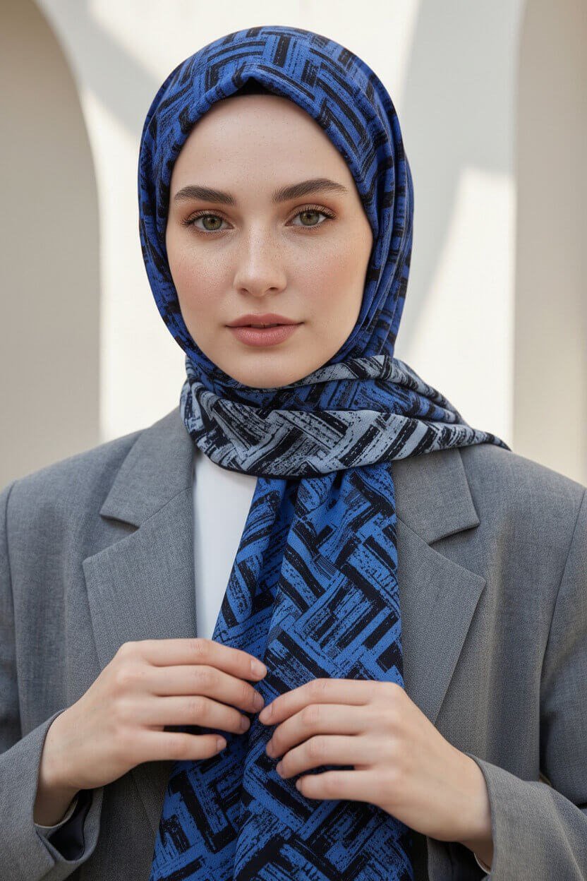 KREP DEGRADELİ ÇİZGİ DESENLİ SAKS RENKLİ 75X195 KIRIŞMAZ ŞAL