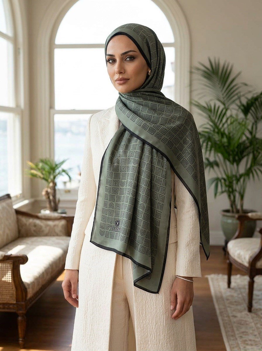 %100 Saf İpek Şal İnce Saten Vual Dokuma Etnik Desenli Haki - Siyah Renkli 90x210 Şal