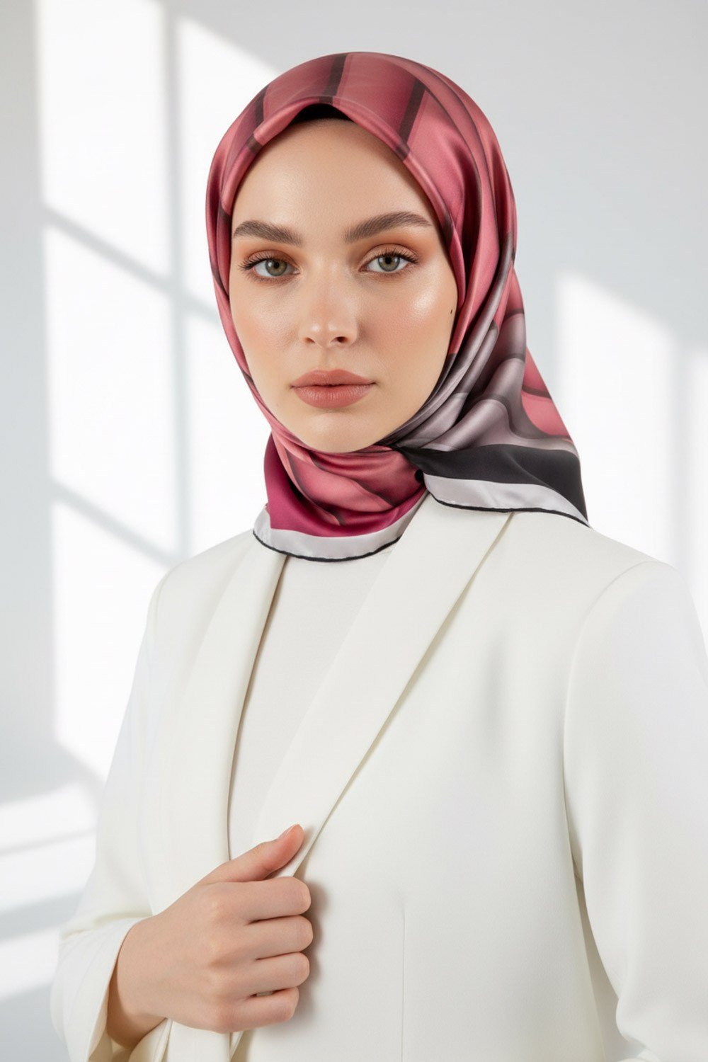 Rayon Zikzak Çizgi Desenli Pembe Renkli 90x90 Eşarp (İpek İçermez) Dikim Şekli : El Dikişi
