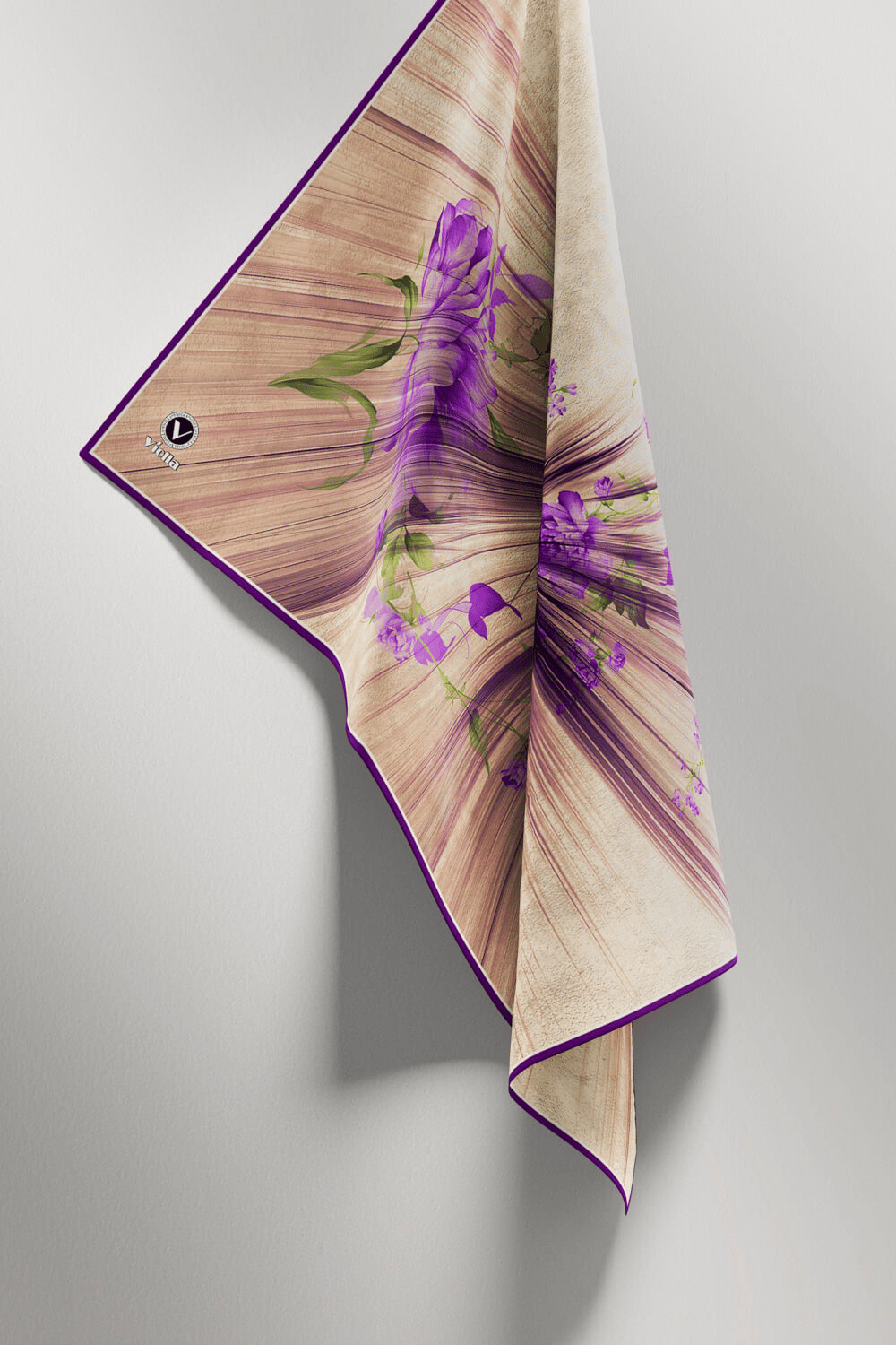 Twill Çiçekli Desenli Mor Renkli 90x90 Eşarp (İpek İçermez) Kenar Dikiş Şekli El Dikişli